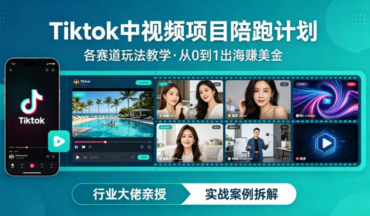 某大佬的Tiktok中视频项目陪跑，涵盖TK各个赛道玩法教学，从0到1出海賺美金-温久网络