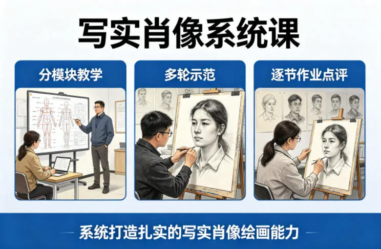 写实肖像系统课，全程分模块教学+多轮示范+逐节作业点评，系统打造扎实的写实肖像绘画能力-温久网络