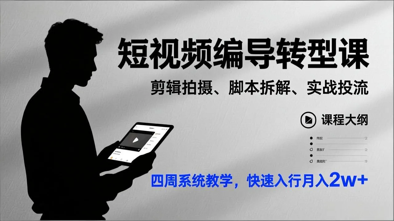 短视频编导转型课，剪辑拍摄、脚本拆解、实战投流，四周系统教学，快速入行月入2w+-温久网络