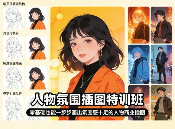 人物氛围插图特训班，零基础也能一步步画出氛围感十足的人物商业插图-温久网络