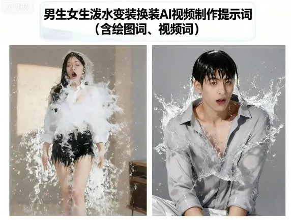 男生女生泼水变装换装AI视频制作提示词(含绘图词、视频词)-温久网络