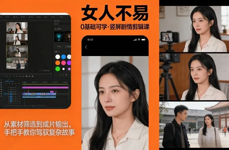 0基础可学！《女人不易》竖屏剧情剪辑课，从素材筛选到成片输出，手把手教你驾驭复杂故事-温久网络