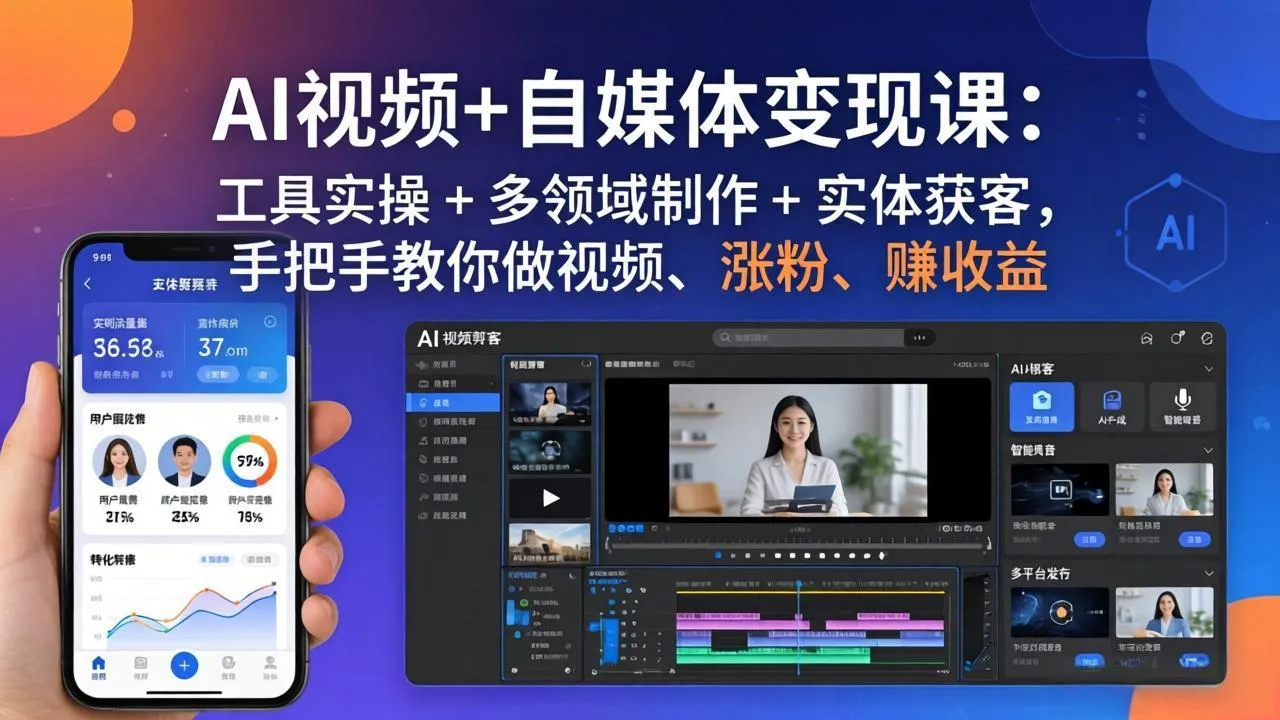 AI视频+自媒体变现课：工具实操 + 多领域制作 + 实体获客，手把手教你做视频、涨粉、赚收益-温久网络