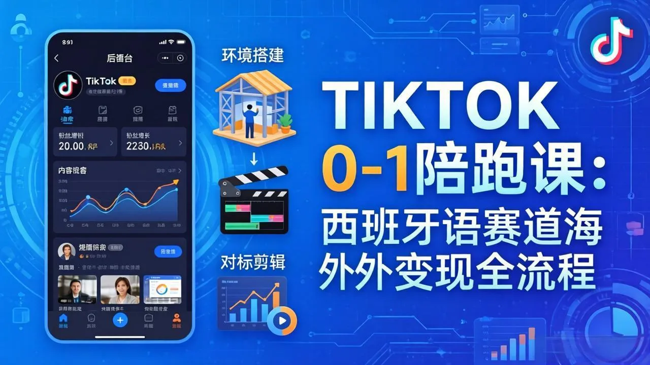 TIKTOK 0-1 陪跑课：从环境搭建到刷对标剪辑，西班牙语赛道海外变现全流程-温久网络