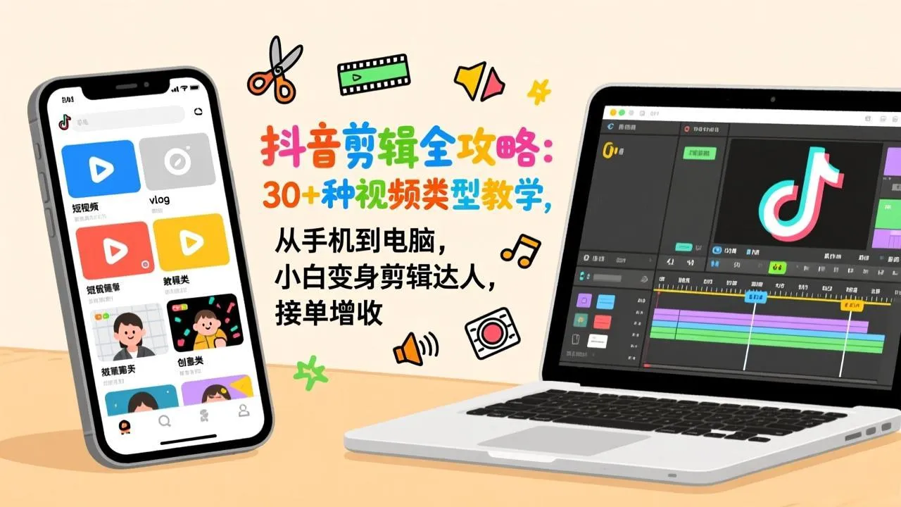 抖音剪辑全攻略：30+种视频类型教学，从手机到电脑，小白变身剪辑达人，接单增收-温久网络