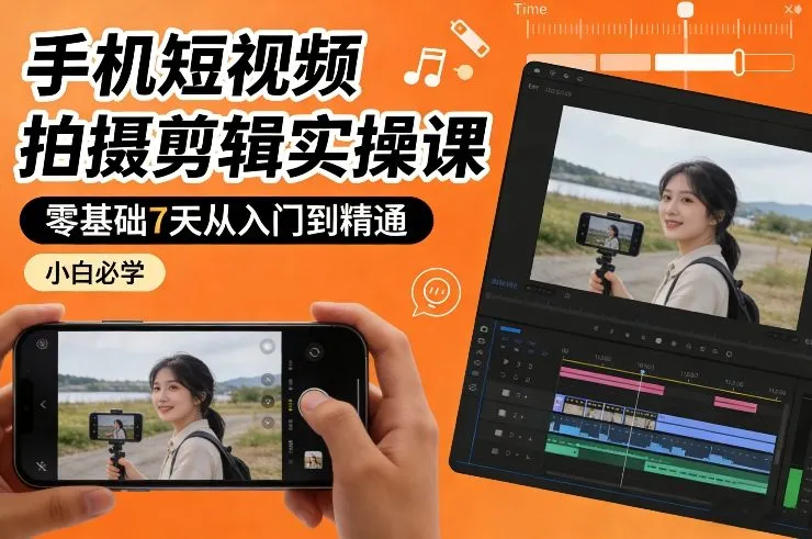 手机短视频拍摄剪辑实操课，零基础7天从入门到精通，小白必学-温久网络