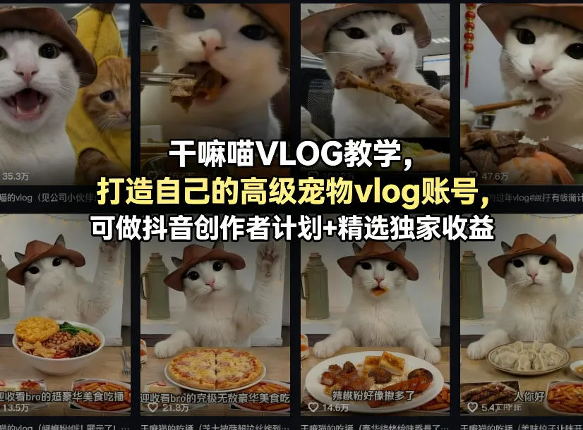干嘛喵VLOG教学，打造自己的高级宠物vlog账号，可做抖音创作者计划+精选独家收益-温久网络