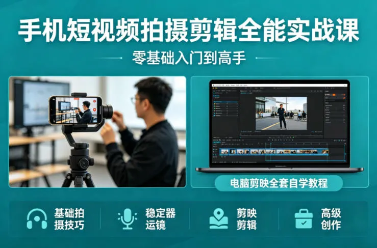 手机短视频拍摄剪辑全能实战课：零基础入门到高手，稳定器运镜+电脑剪映全套自学教程-温久网络